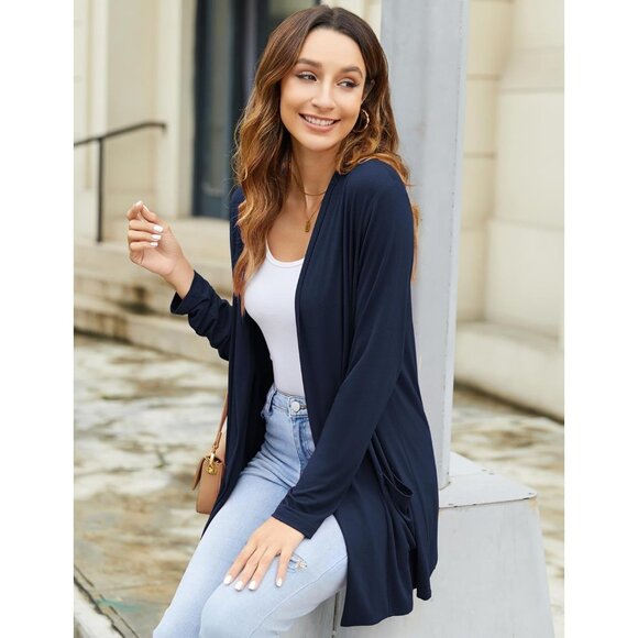 Women's Rayon Cardigan Loose Fit Pockets Open Front Long Sleeve Casual - Picture 9 of 9